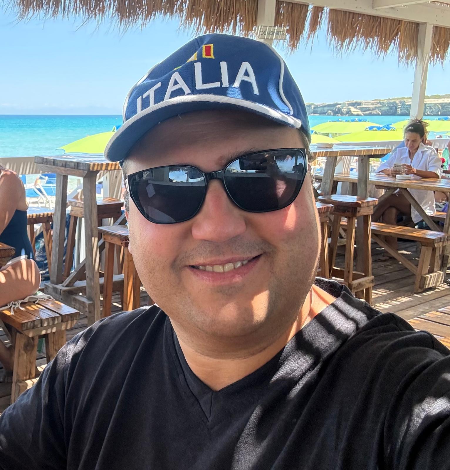 Andrea Angella at a beach bar in Puglia